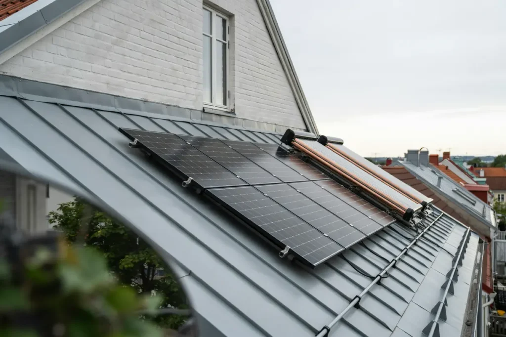 montage av solcellspaneler och solf ngare p radhustak i vega haninge